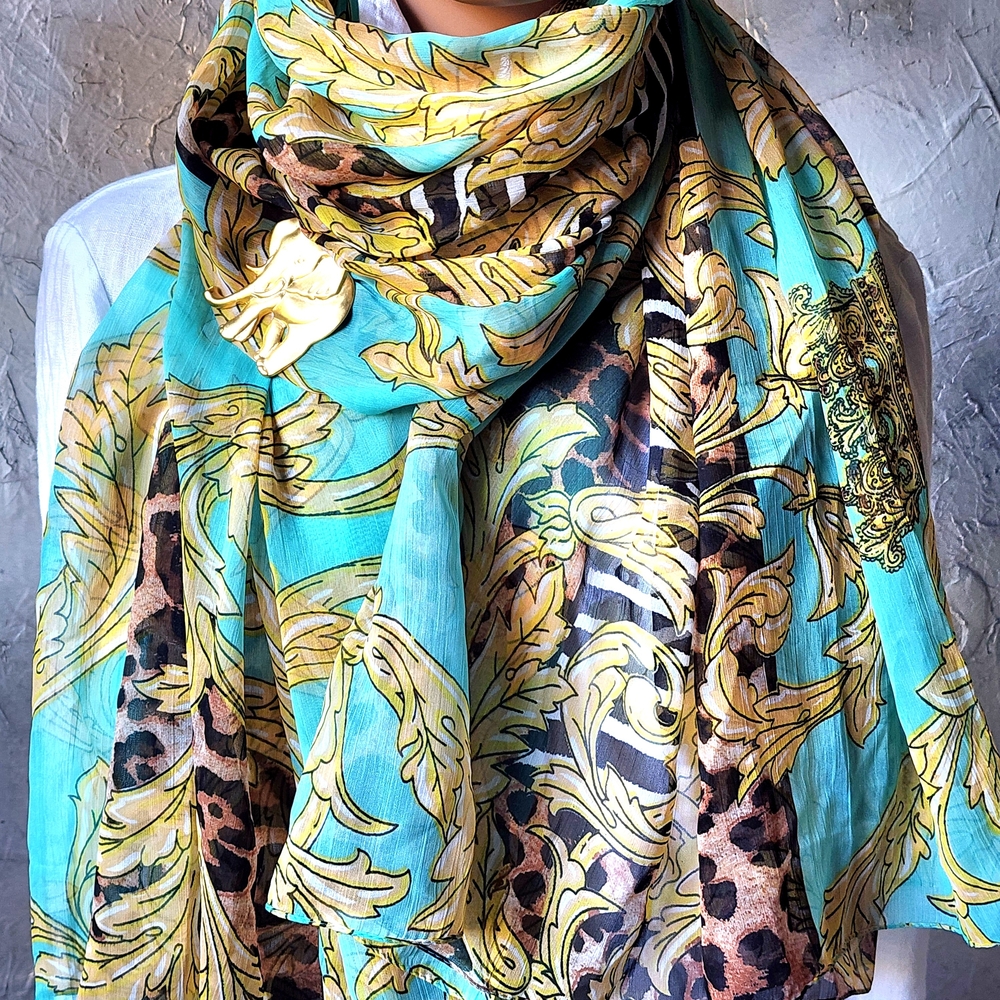 Silk Scarf Animal Print Baroque Turquoise Gold Elephant Brooch Big Silk Scarf